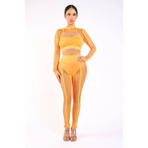 Boutique Pants - Women's Sexy Cut Out Striped Fishnet Top & Matching Leggings Pants 2 Piece Set